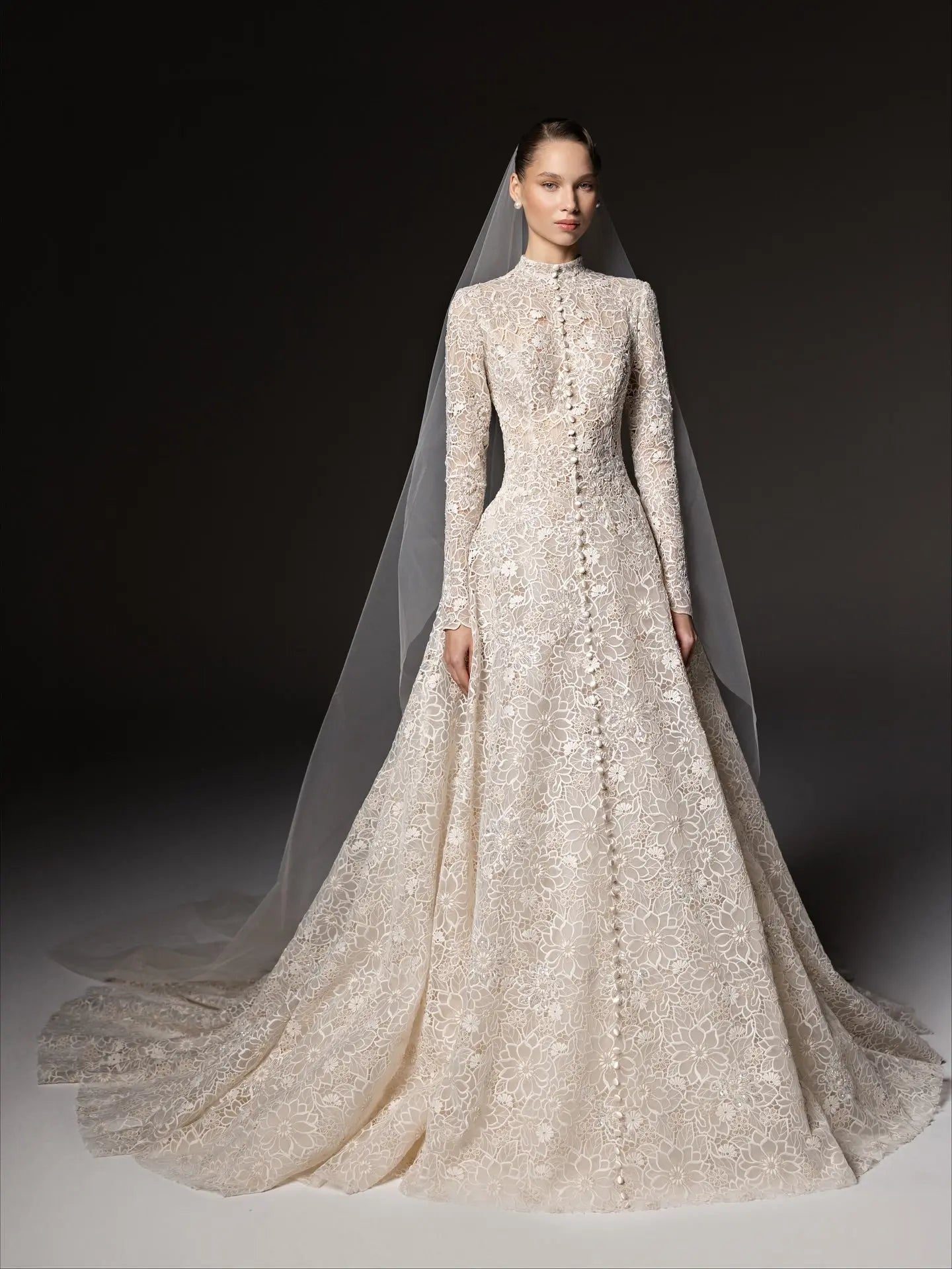 Luxury Champagne High Neck Long Sleeve Lace A-Line Wedding Dress with Buttons SW669