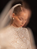 Luxury Champagne High Neck Long Sleeve Lace A-Line Wedding Dress with Buttons SW669