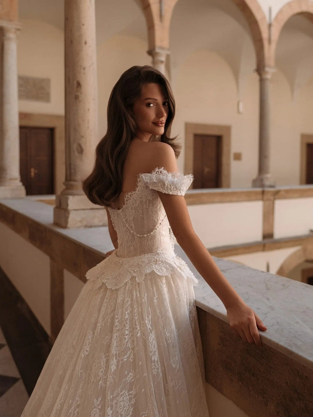 Opulent Ivory Off-the-Shoulder Beaded Lace Tulle Ball Gown Wedding Dress SW177