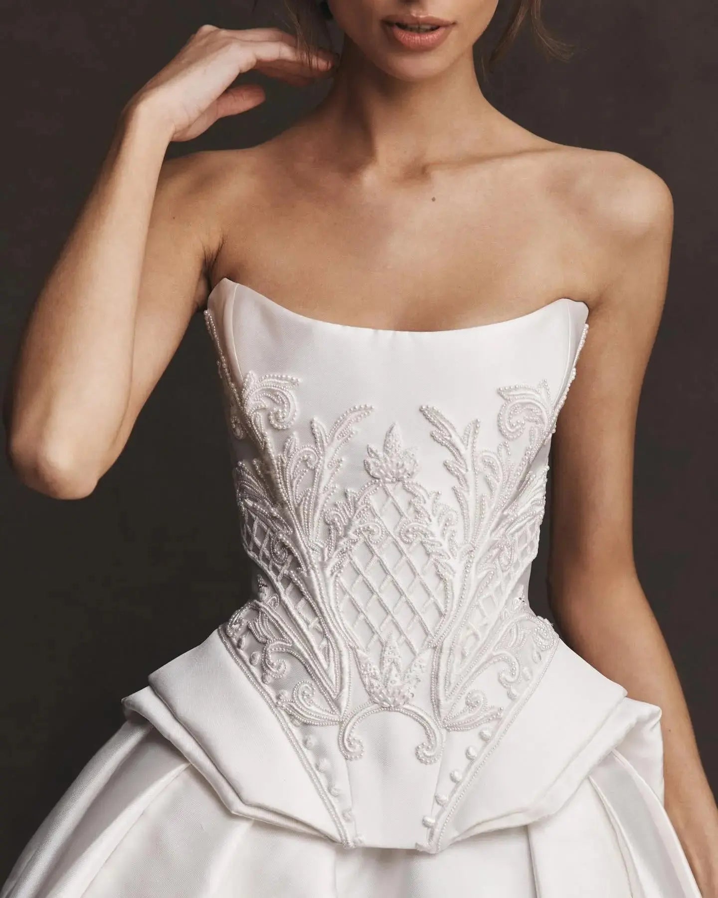 Luxury White Satin Strapless Beaded Ball Gown Train Wedding Dress SW599