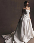 Luxury White Satin Strapless Beaded Ball Gown Train Wedding Dress SW599