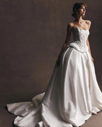 Luxury White Satin Strapless Beaded Ball Gown Train Wedding Dress SW599