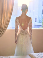 Romantic Ivory Long Sleeve Lace Mermaid Wedding Dress with Overskirt SW228