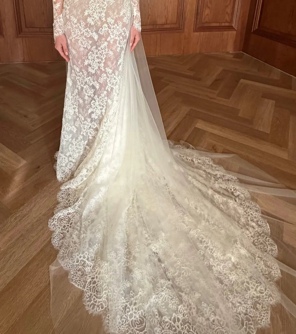 Romantic Ivory Long Sleeve Lace Mermaid Wedding Dress with Overskirt SW228