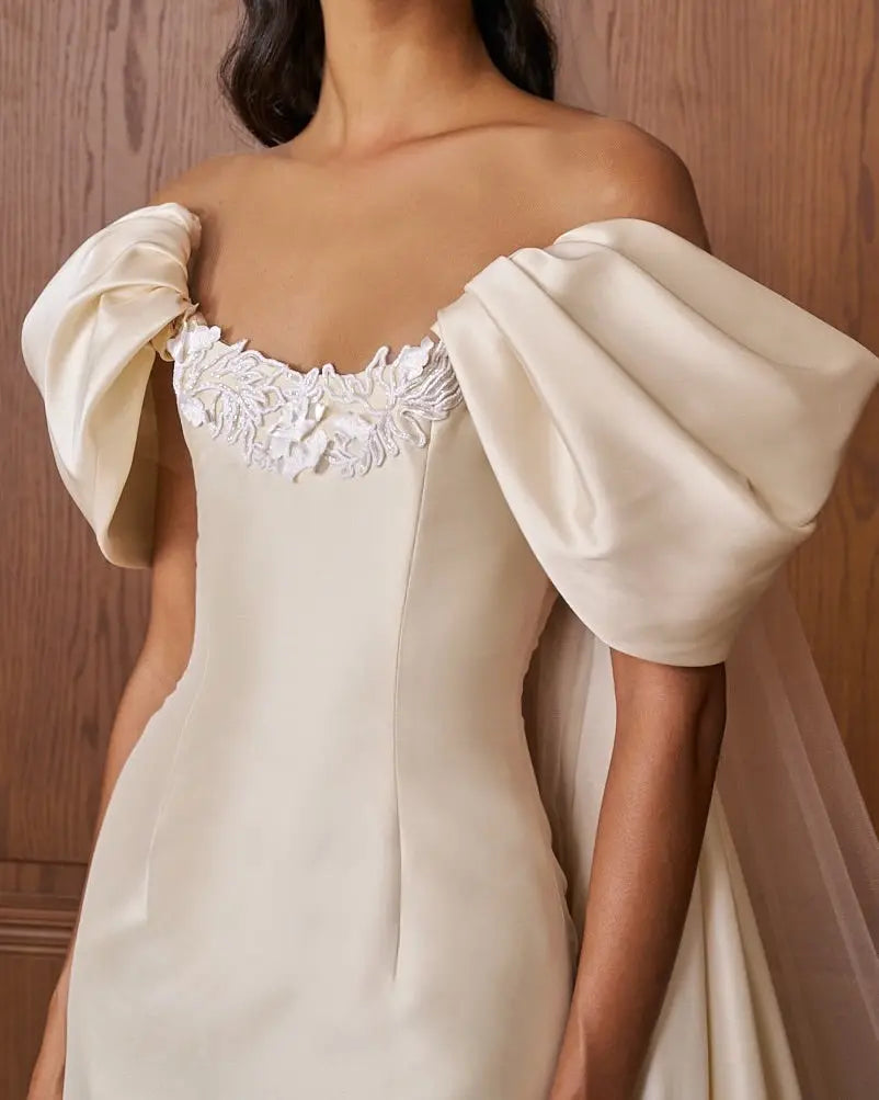 Luxury Ivory Off-the-Shoulder Satin Wedding Dress with Puff Sleeves SW230