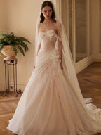 Dreamy Ivory Strapless 3D Floral Draped Wedding Dress with Veil SW232