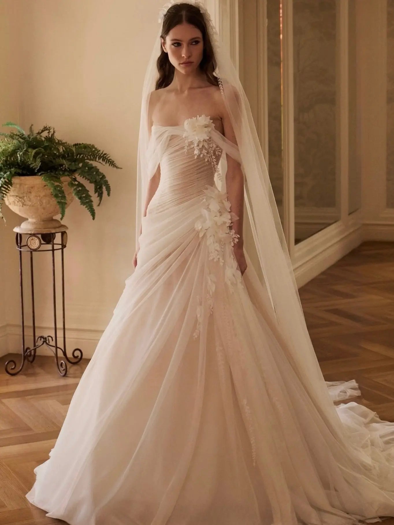 Dreamy Ivory Strapless 3D Floral Draped Wedding Dress with Veil SW232