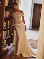 Luxury Ivory Off-the-Shoulder Lace and Satin Mermaid Wedding Dress with Veil SW231