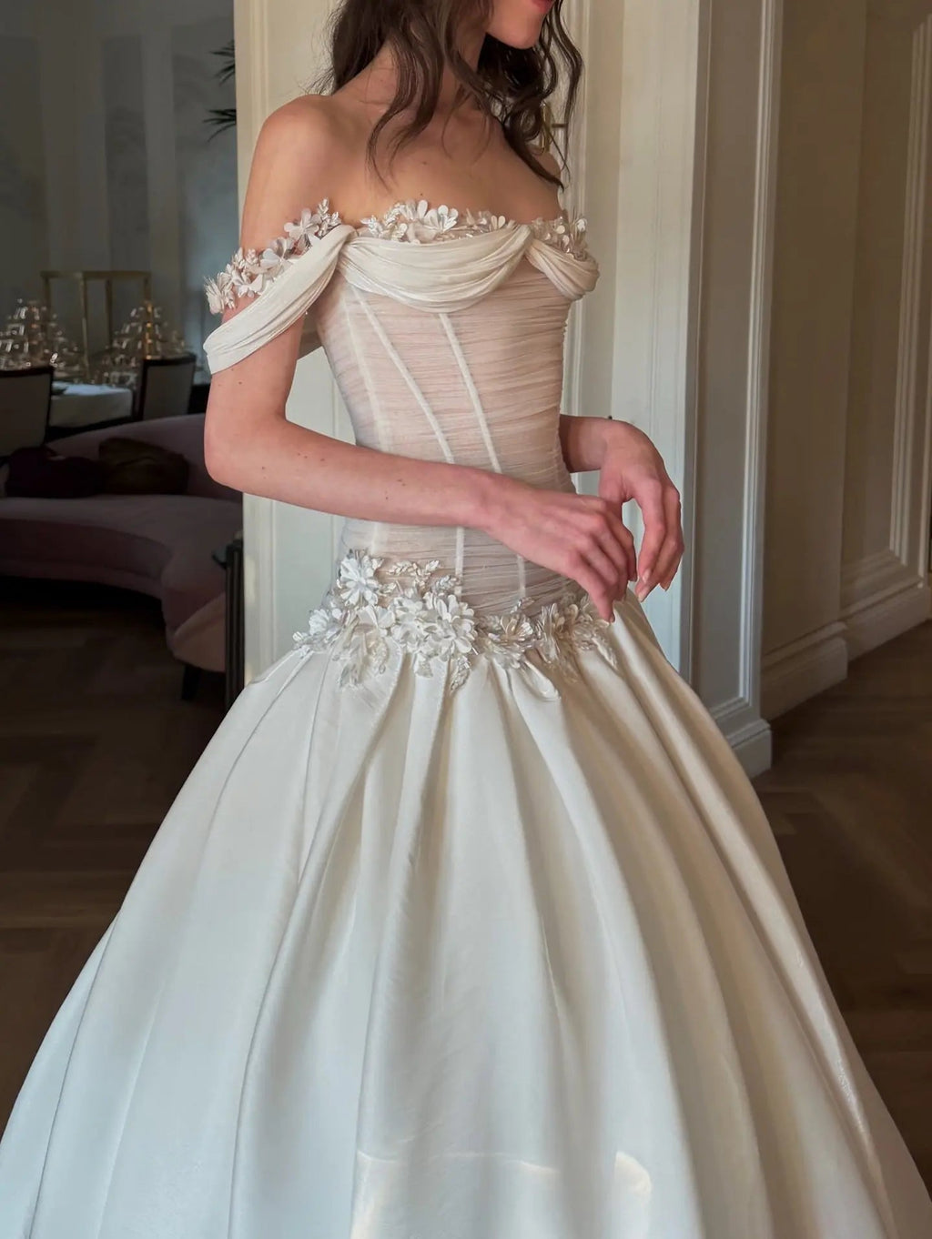 Elegant Ivory Off-the-Shoulder Floral Lace Ball Gown Wedding Dress SW229