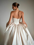 Luxury Champagne Strapless Satin Ball Gown Trailed Wedding Dress SW162