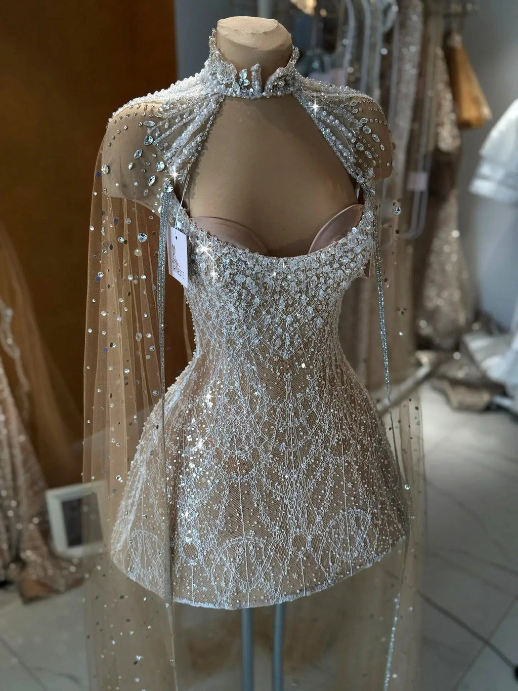 Luxury Beaded Halter Mini Wedding Dress  with Cape SW236