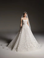 Luxury White Square Neck Beaded Floral Lace Ball Gown Wedding Dress with Veil SW666