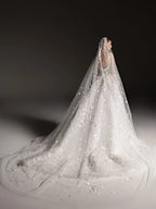 Luxury White Square Neck Beaded Floral Lace Ball Gown Wedding Dress with Veil SW666