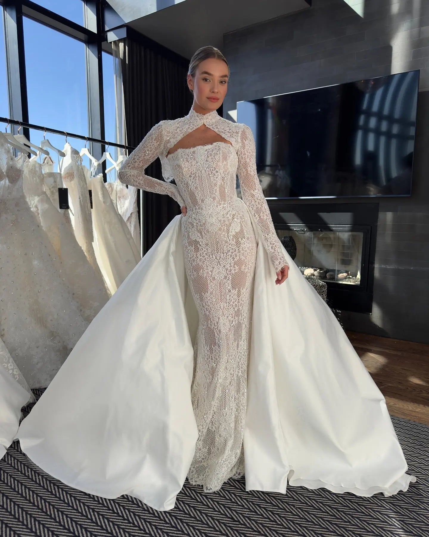 Luxury White Strapless Lace Mermaid Wedding Dress with Overskirt SW226