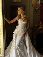 Romantic White Strapless 3D Floral Lace Mermaid Wedding Dress with Overskirt SW222