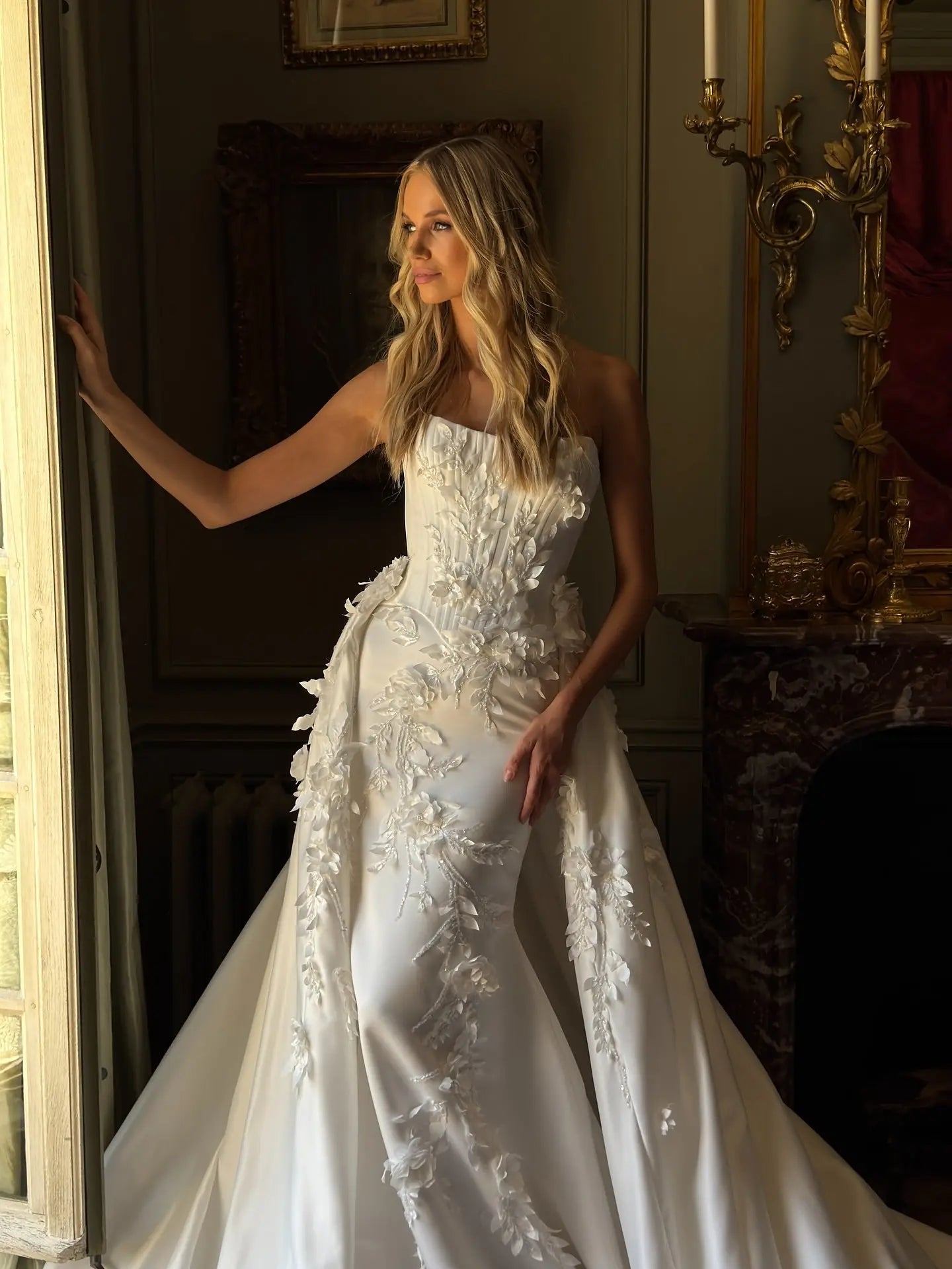 Romantic White Strapless 3D Floral Lace Mermaid Wedding Dress with Overskirt SW222