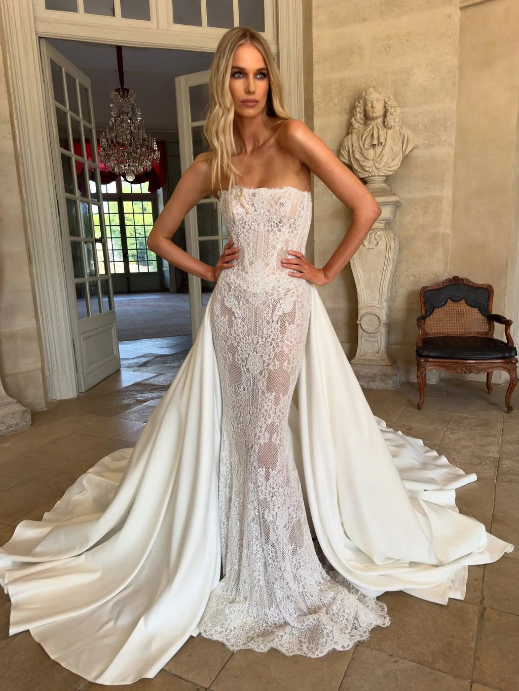 Luxury White Strapless Lace Mermaid Wedding Dress with Overskirt SW226