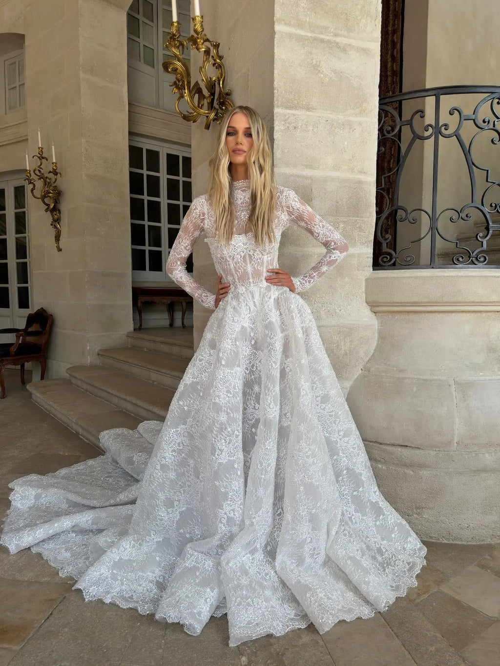 Elegant White High Neck Long Sleeve Lace A-Line Wedding Dress SW227