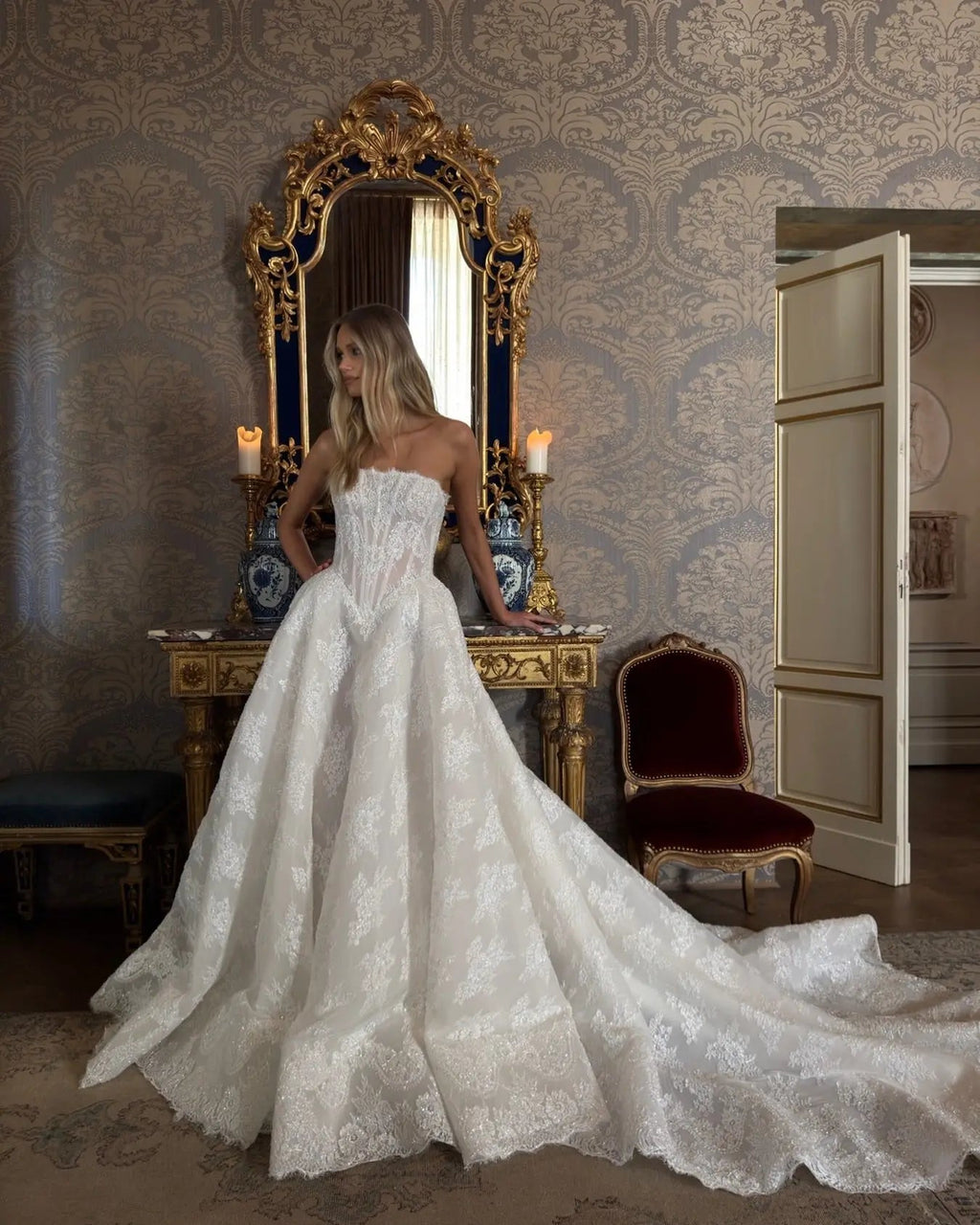 Regal White Strapless Sequin Sheer Lace Ball Gown Wedding Dress SW214
