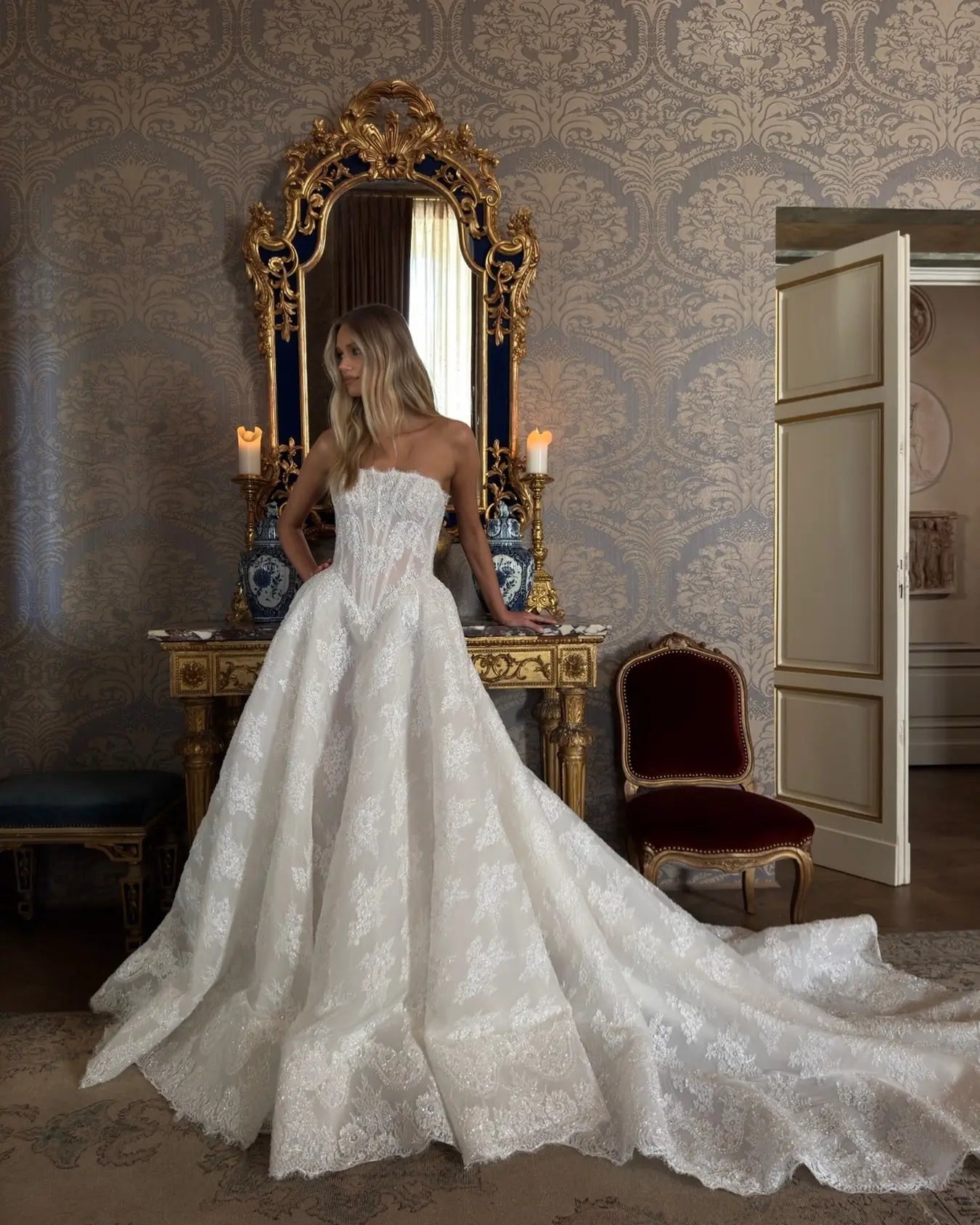 Regal White Strapless Sequin Sheer Lace Ball Gown Wedding Dress SW214