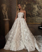Glamorous White Strapless Floral Lace Wedding Dress with Veil SW212