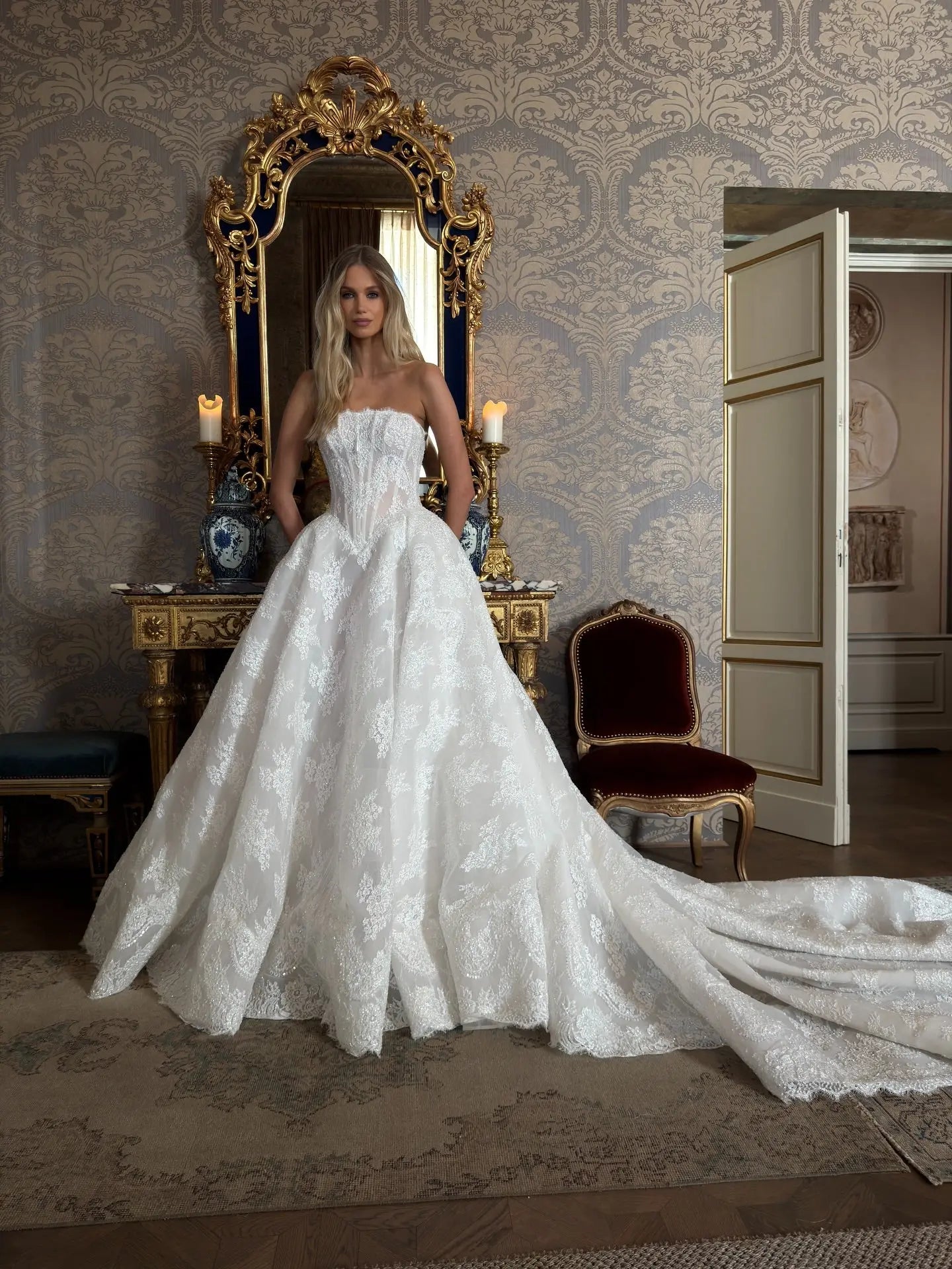 Regal White Strapless Sequin Sheer Lace Ball Gown Wedding Dress SW214
