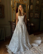 Vintage White Strapless Lace A-Line Wedding Dress with Scalloped Train SW220