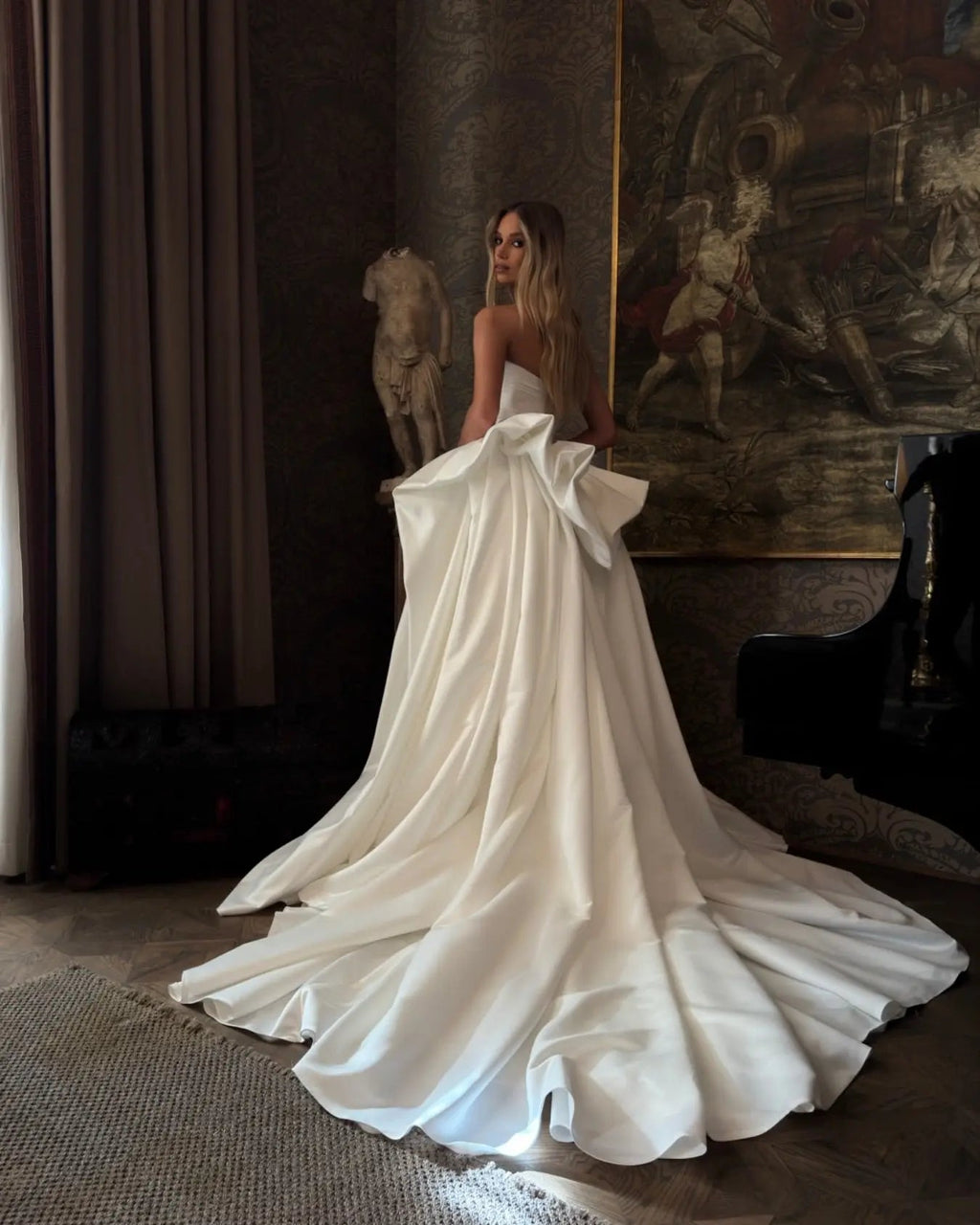 Luxury White Strapless Ruched Satin Ball Gown Wedding Dress SW216
