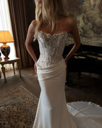 Luxury White Strapless Beaded Fringe Bodice Satin Mermaid Wedding Dress SW221