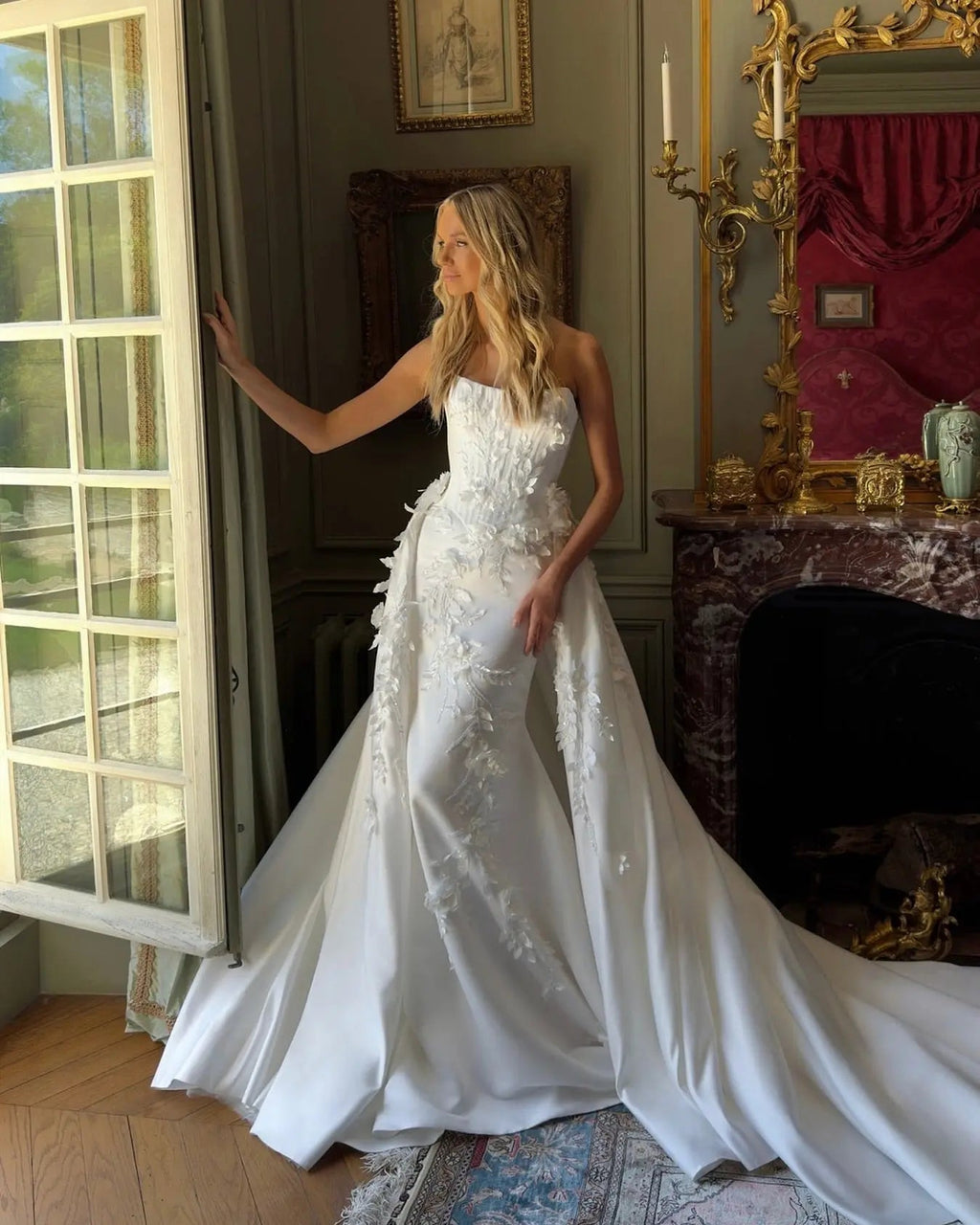Romantic White Strapless 3D Floral Lace Mermaid Wedding Dress with Overskirt SW222