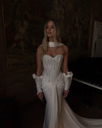 Modern White Strapless Satin High Slit Mermaid Wedding Dress with Scarf SW219