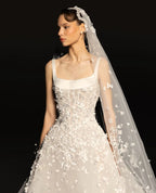 Luxury White Square Neck Beaded Floral Lace Ball Gown Wedding Dress with Veil SW666