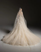 Romantic Champagne Strapless Floral Lace Tulle A-Line Wedding Dress with Veil SW664
