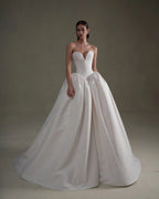 Luxury White Satin Deep V Strapless Ball Gown Wedding Dress SW595