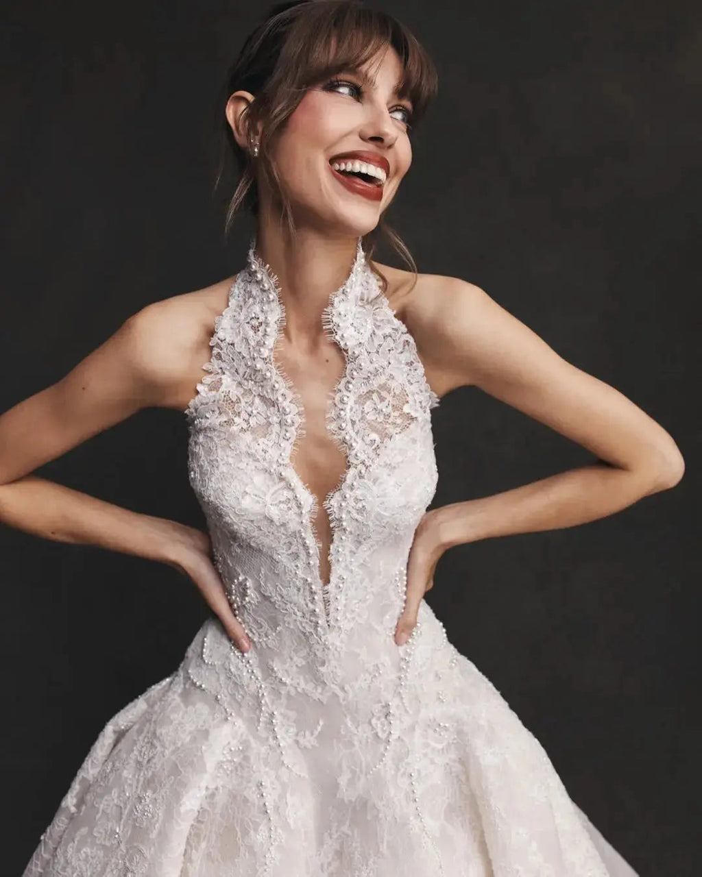 Luxury Ivory Halter Neck Lace Deep V Ball Gown Wedding Dress SW596