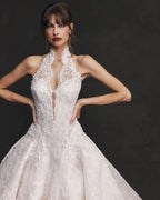 Luxury Ivory Halter Neck Lace Deep V Ball Gown Wedding Dress SW596