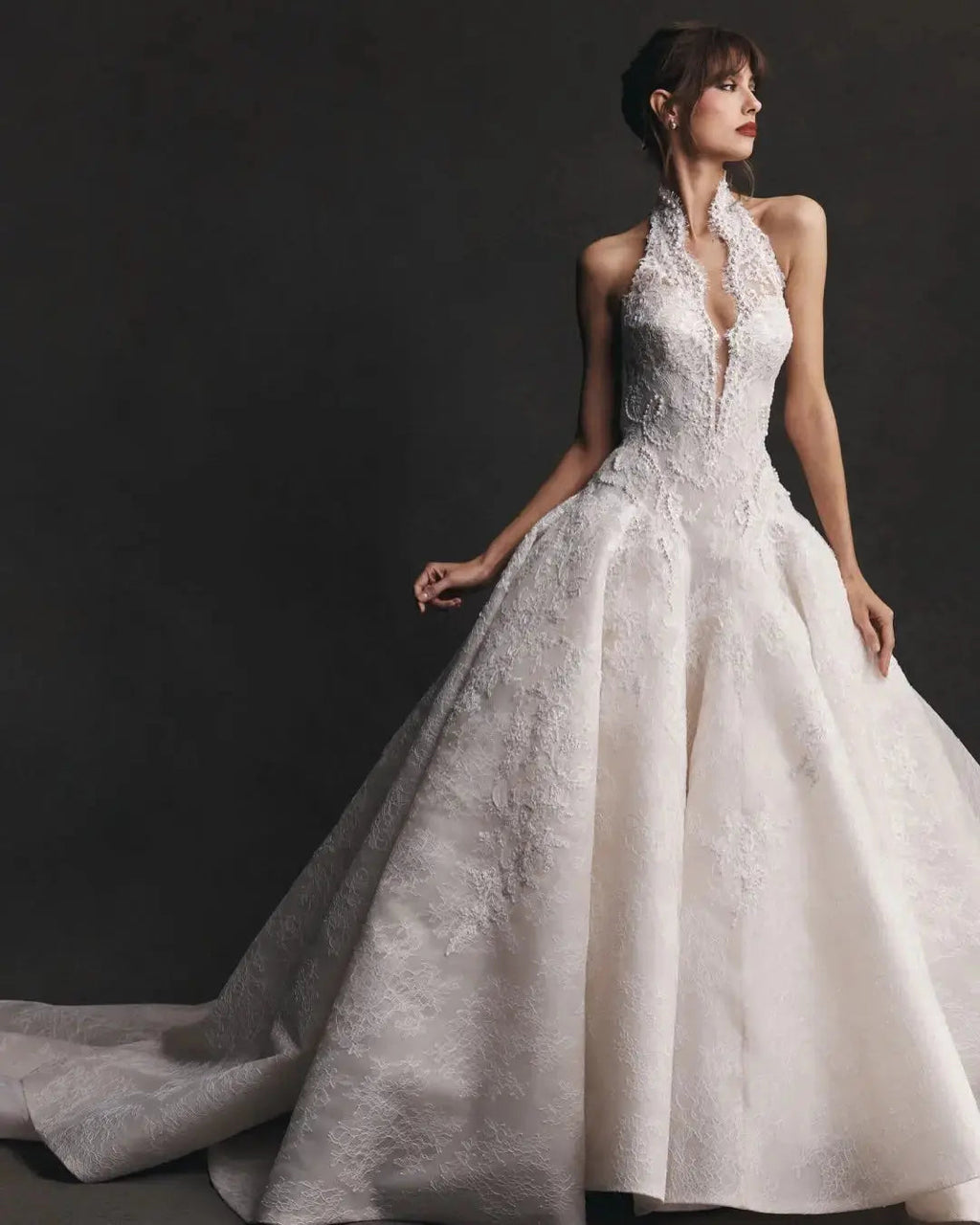 Luxury Ivory Halter Neck Lace Deep V Ball Gown Wedding Dress SW596