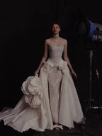 Luxury Ivory Strapless Lace 3D Floral Wedding Dress with Overskirt SW598