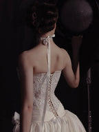 Luxury Ivory Strapless Lace 3D Floral Wedding Dress with Overskirt SW598