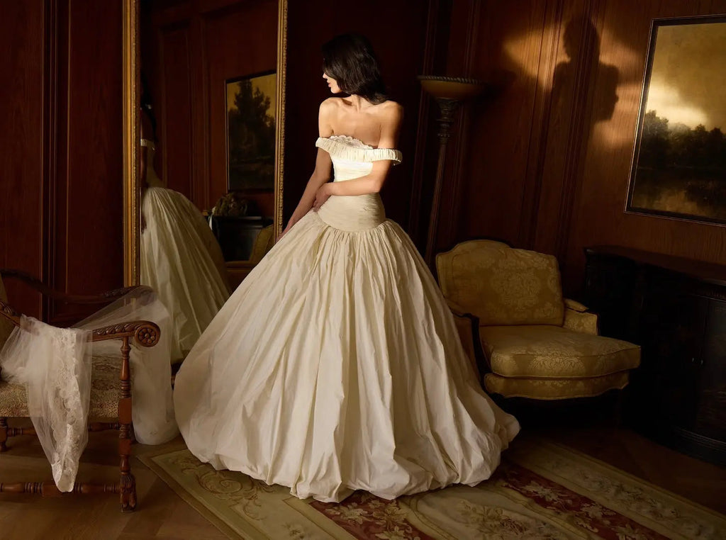 Elegant Ivory Strapless Ruched Satin Ball Gown Wedding Dress SW234