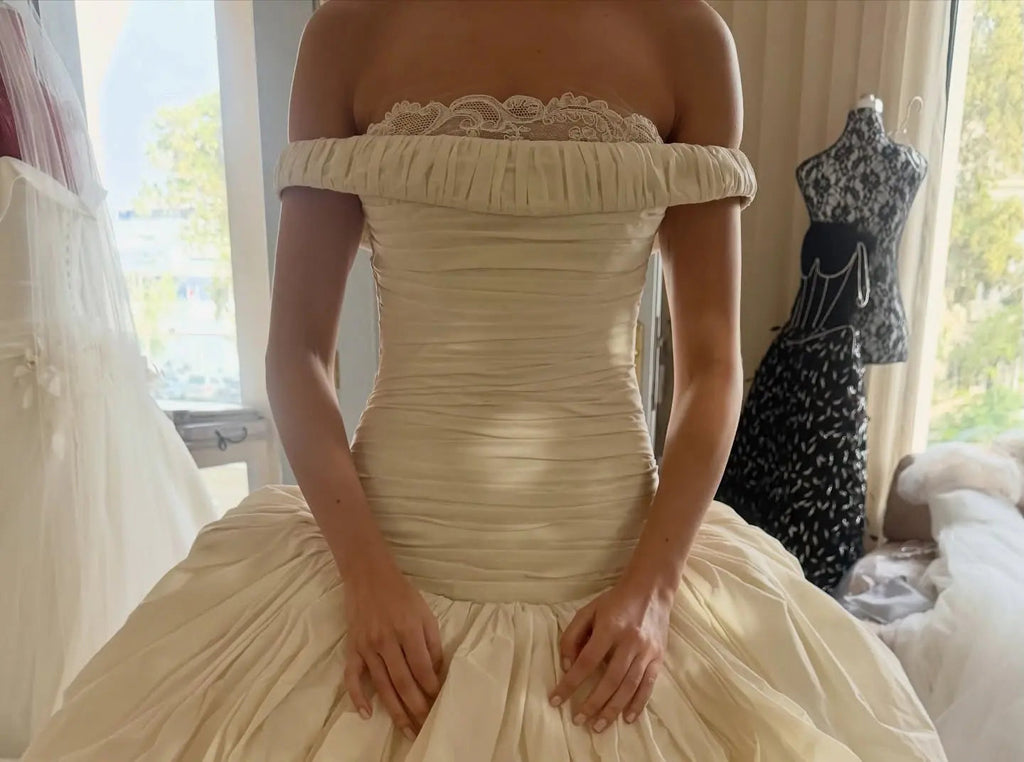 Elegant Ivory Strapless Ruched Satin Ball Gown Wedding Dress SW234