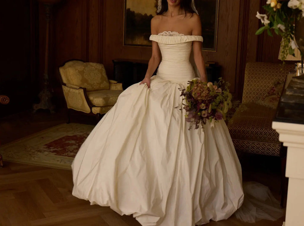 Elegant Ivory Strapless Ruched Satin Ball Gown Wedding Dress SW234