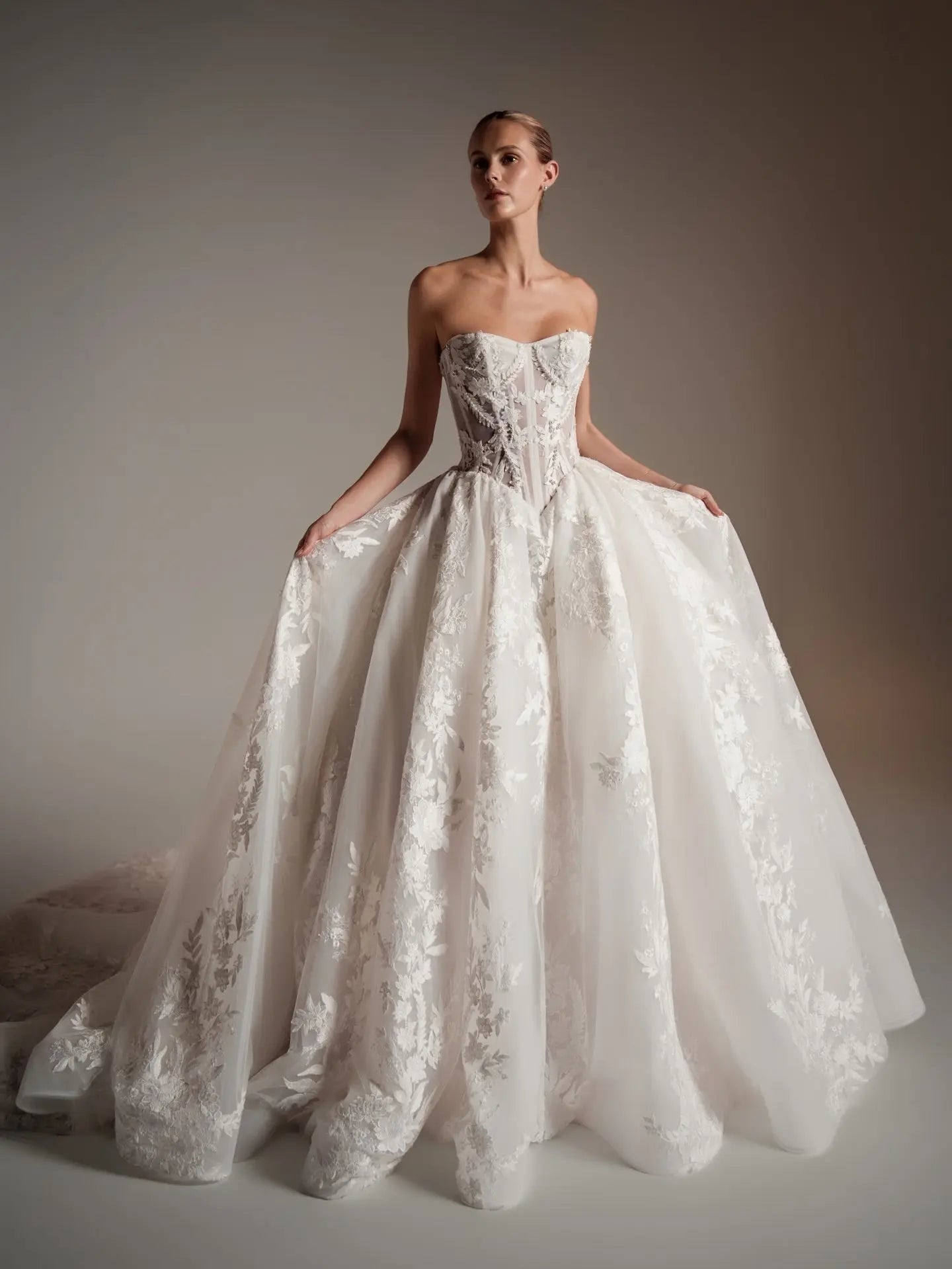 Luxury Ivory Strapless Floral Embroidery Ball Gown Wedding Dress with Veil SW169