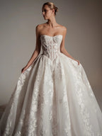 Luxury Ivory Strapless Floral Embroidery Ball Gown Wedding Dress with Veil SW169