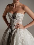 Luxury Ivory Strapless Floral Embroidery Ball Gown Wedding Dress with Veil SW169
