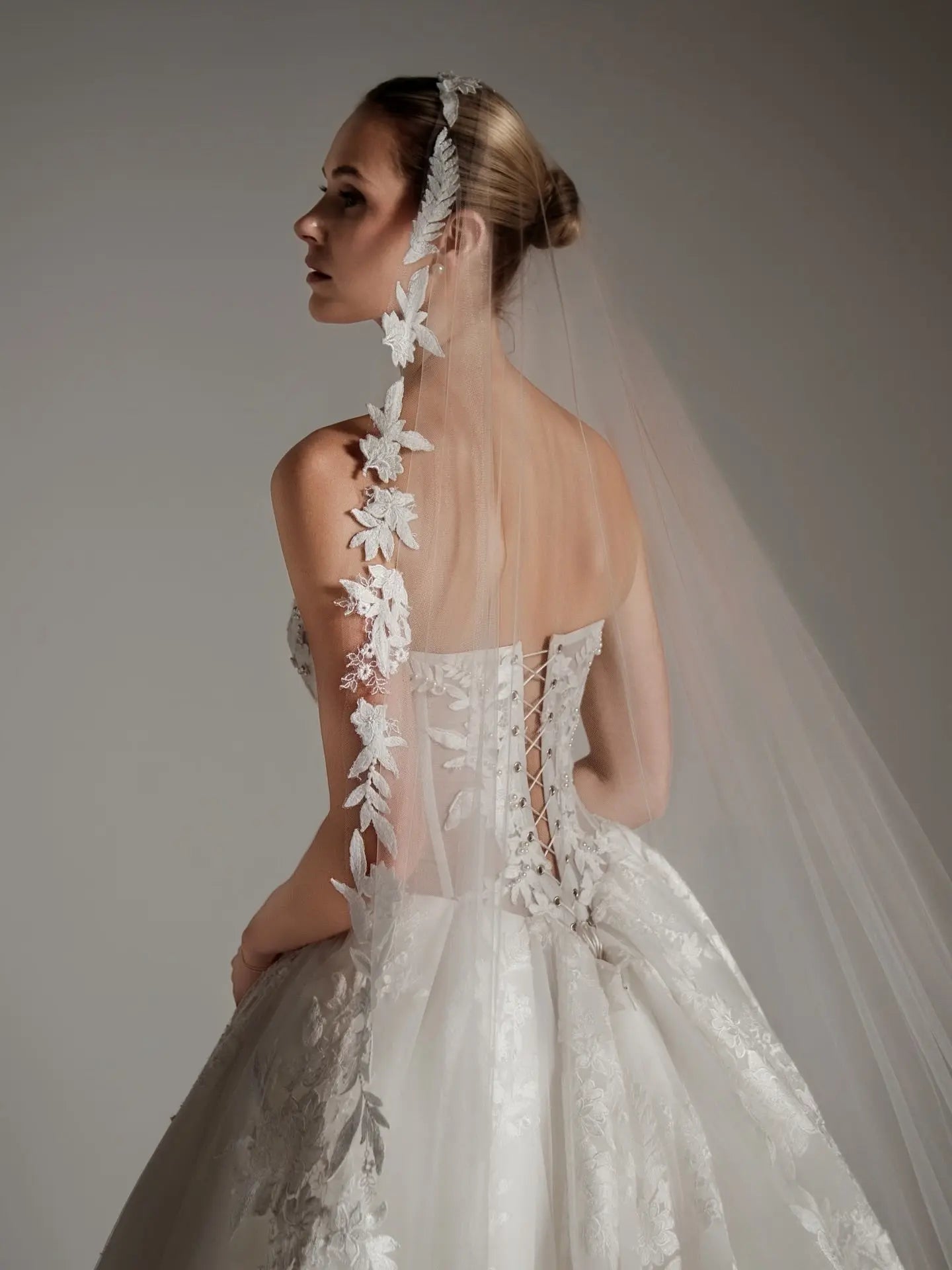 Luxury Ivory Strapless Floral Embroidery Ball Gown Wedding Dress with Veil SW169