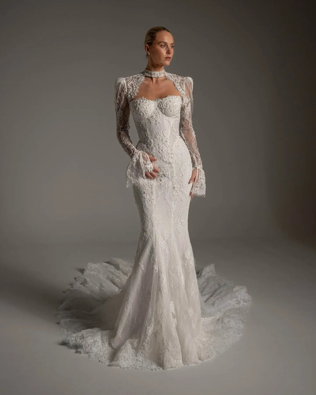 Luxury Ivory Lace Long Sleeve Mermaid Train Wedding Dress SW164