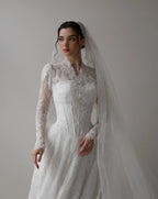 Romantic White Lace Long Sleeve A-Line Wedding Dress with Veil SW273