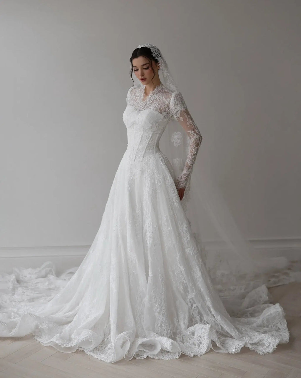 Romantic White Lace Long Sleeve A-Line Wedding Dress with Veil SW273