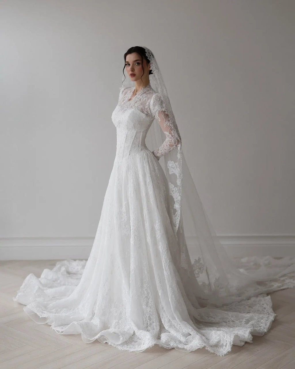 Romantic White Lace Long Sleeve A-Line Wedding Dress with Veil SW273